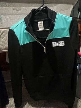 Victoria's Secret PINK Black & Teal Quarter-Zip Pullover Sweatshirt